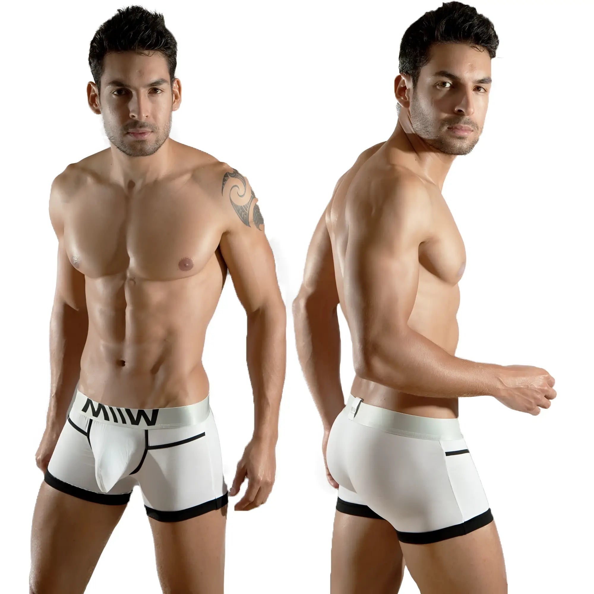 White mens briefs with black trim and bold miw logo waistband from metromalewear perfect scene hip trunk white 1013-00