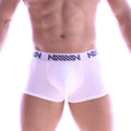 White men’s boxer briefs with a navy blue million logo band from metromalewear perfect scene hip trunk 1013-02