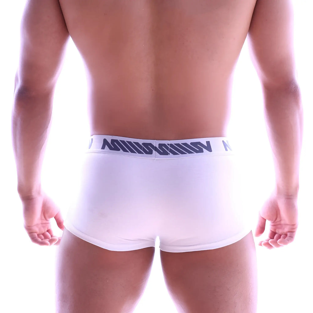 White mens briefs with a navy blue logo band metroMalewear perfect scene hip trunk 1013-02 front view