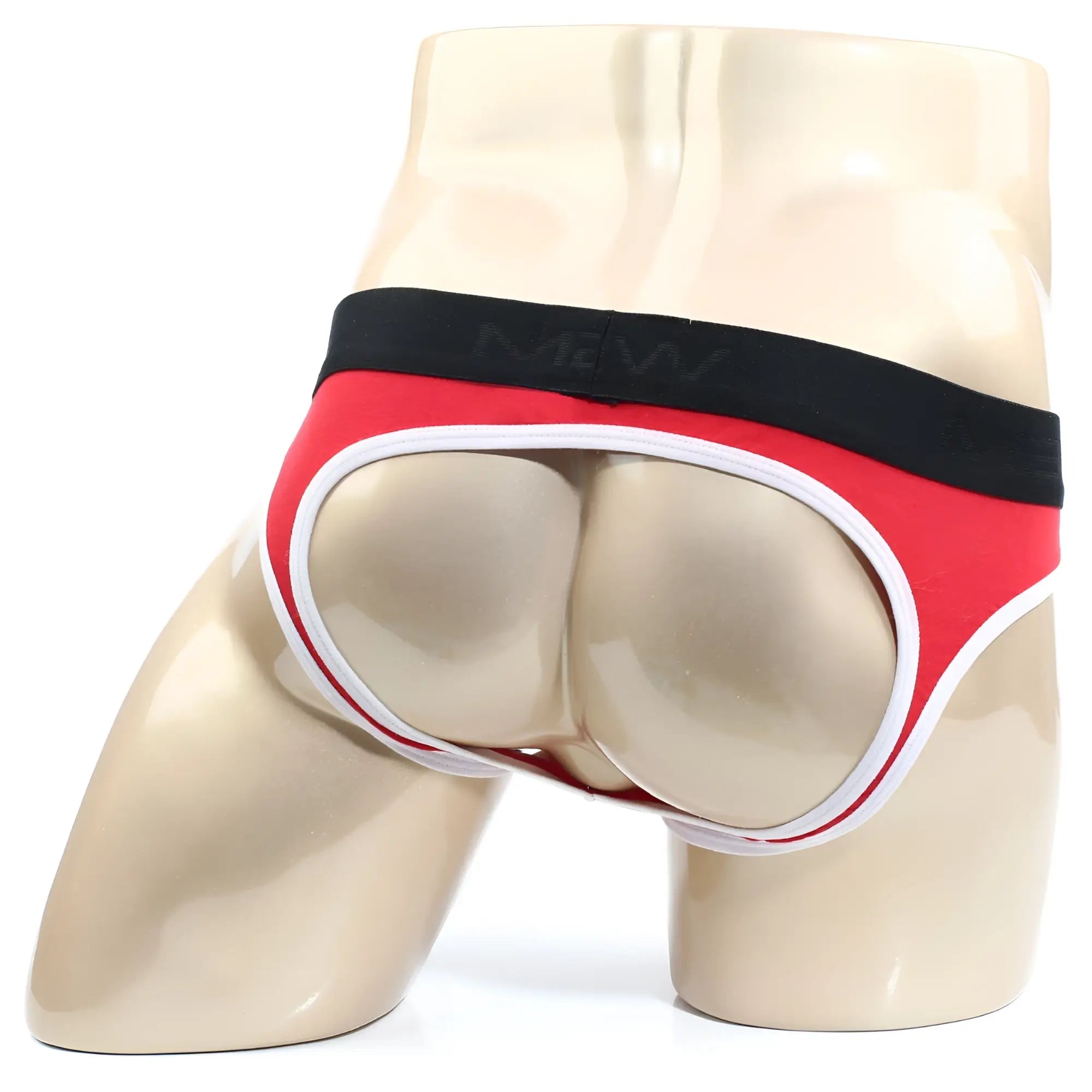 Red and black mens briefs with white trim and branded waistband from metromalewear perfect scene jock strap red 1001-12