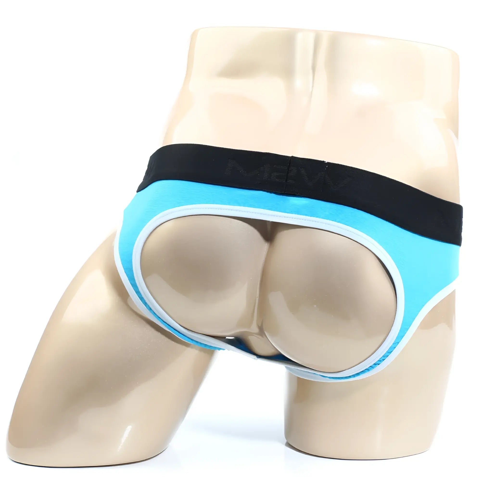 Light blue and white men’s briefs with black waistband and mevv logo from MetroMaleWear perfect scene jock strap collection
