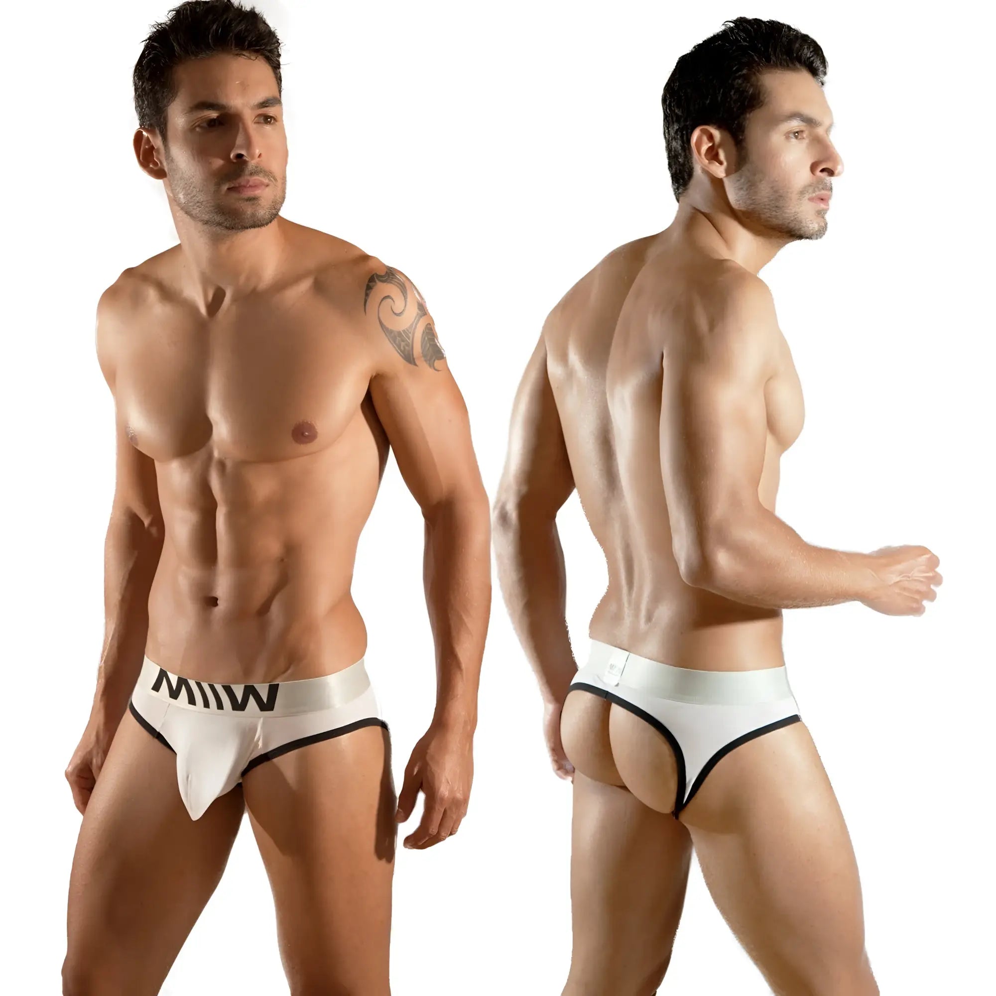 White miw metroMaleWear Perfect Scene jock strap briefs with black trim and bold waistband logo front view
