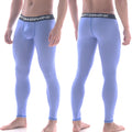 Light blue form-fitting men’s underwear with black waistband featuring metromalewear logo in perfect scene long john style