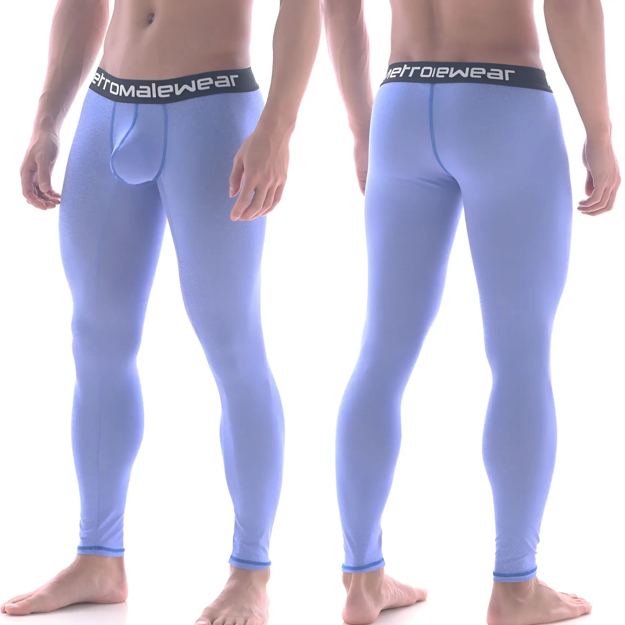 Light blue form-fitting men’s underwear with black waistband featuring metromalewear logo in perfect scene long john style