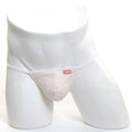 A delicate pink lace thong with white elastic waistband and red Madison branding in MetroMaleWear Perfect Scene Nude 2014-71