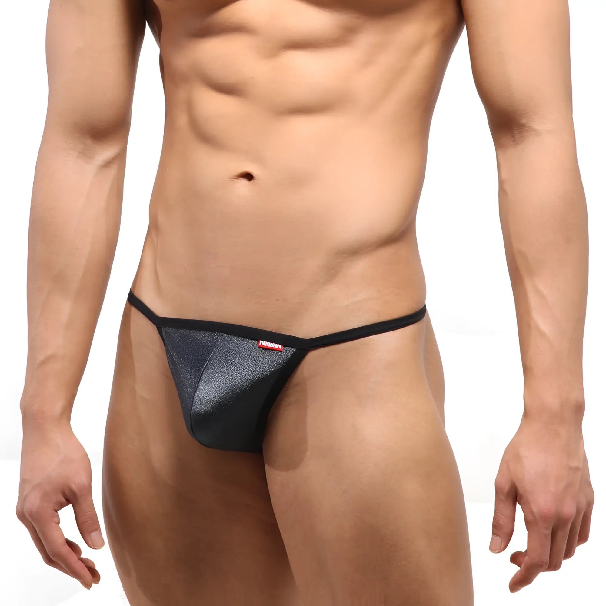 Black glittery string thong with red MetroMaleWear brand tag on the side perfect for stylish intimate wear