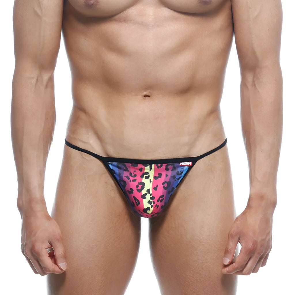 MetroMaleWear Perfect Scene String neon 2014-05 vibrant rainbow leopard-print thong with black trim front view