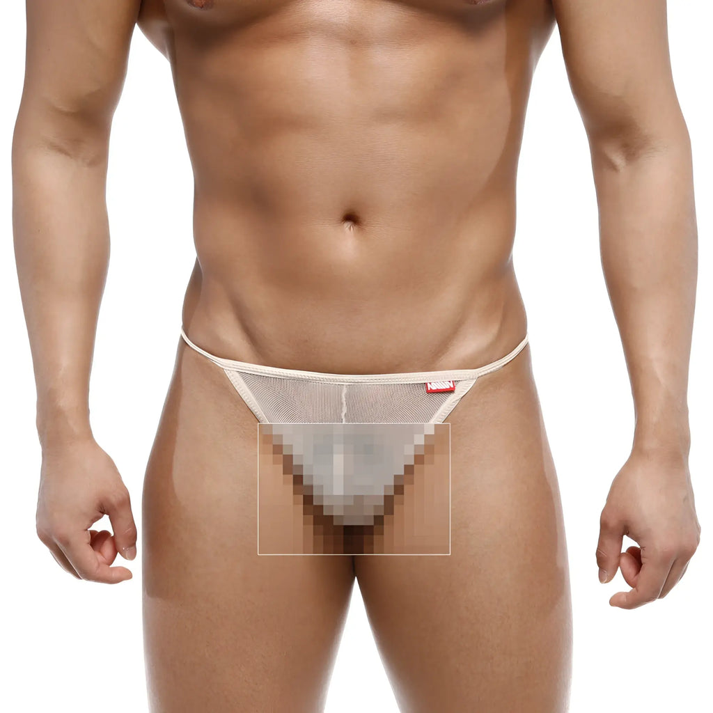 Metro malewear perfect scene string nude 2014-76 beige mesh thong with small red tag on waistband front view