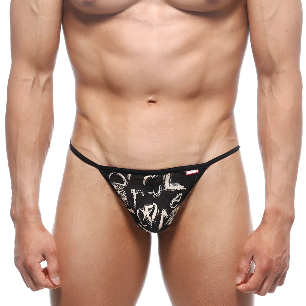 Black thong with white graffiti lettering and a red metroMalewear tag on the waistband from perfect scene string oraculo 2014-78