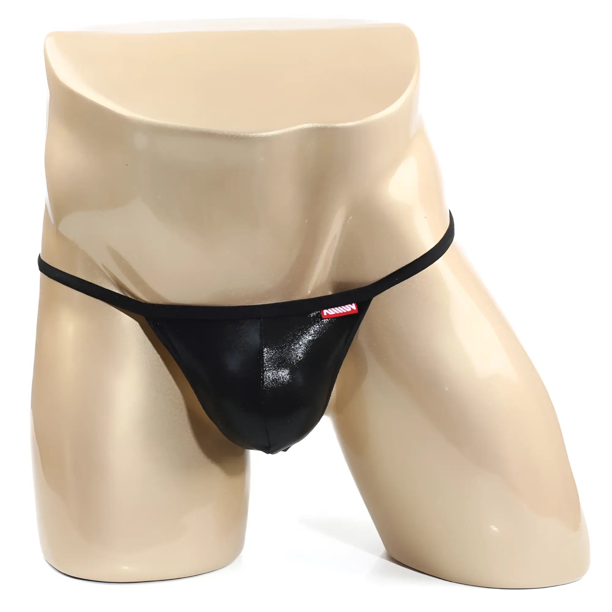 Black patent leather thong with red and white MetroMaleWear brand tag on waistband from perfect scene string pearl 2014 22