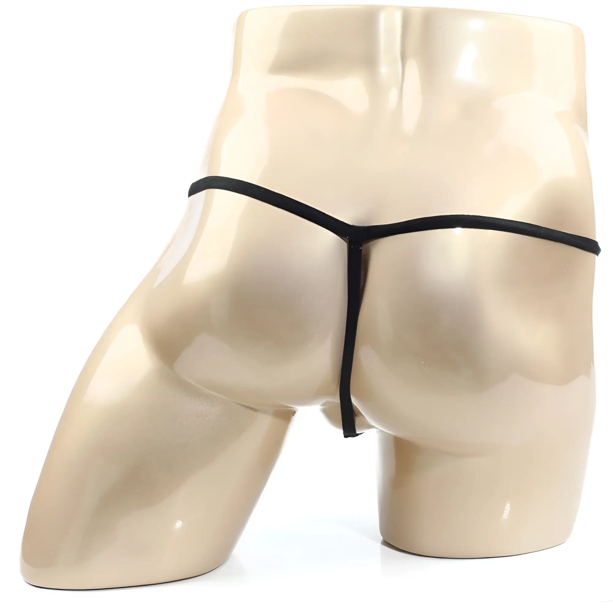 Black thong with pearl detailing displayed on mannequin back by MetroMaleWear Perfect Scene String 2014-22
