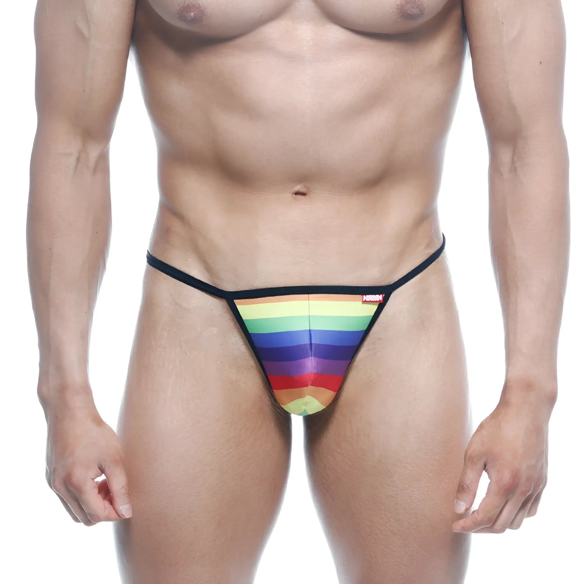 Rainbow-striped MetroMaleWear Perfect Scene String 2014-04 thong with black elastic waistband and red brand tag