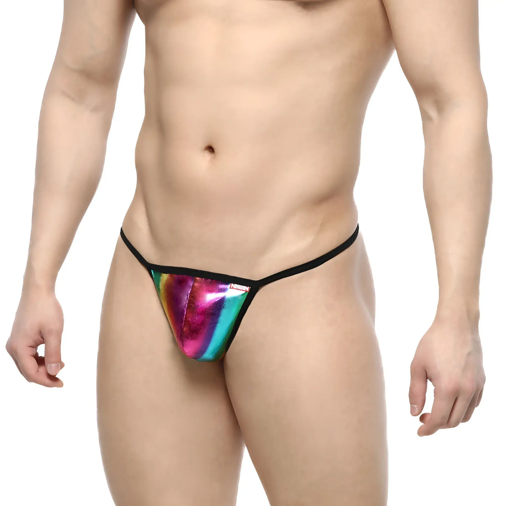 Metro male wear perfect scene string sunset 2014-45 rainbow holographic thong with black trim front view