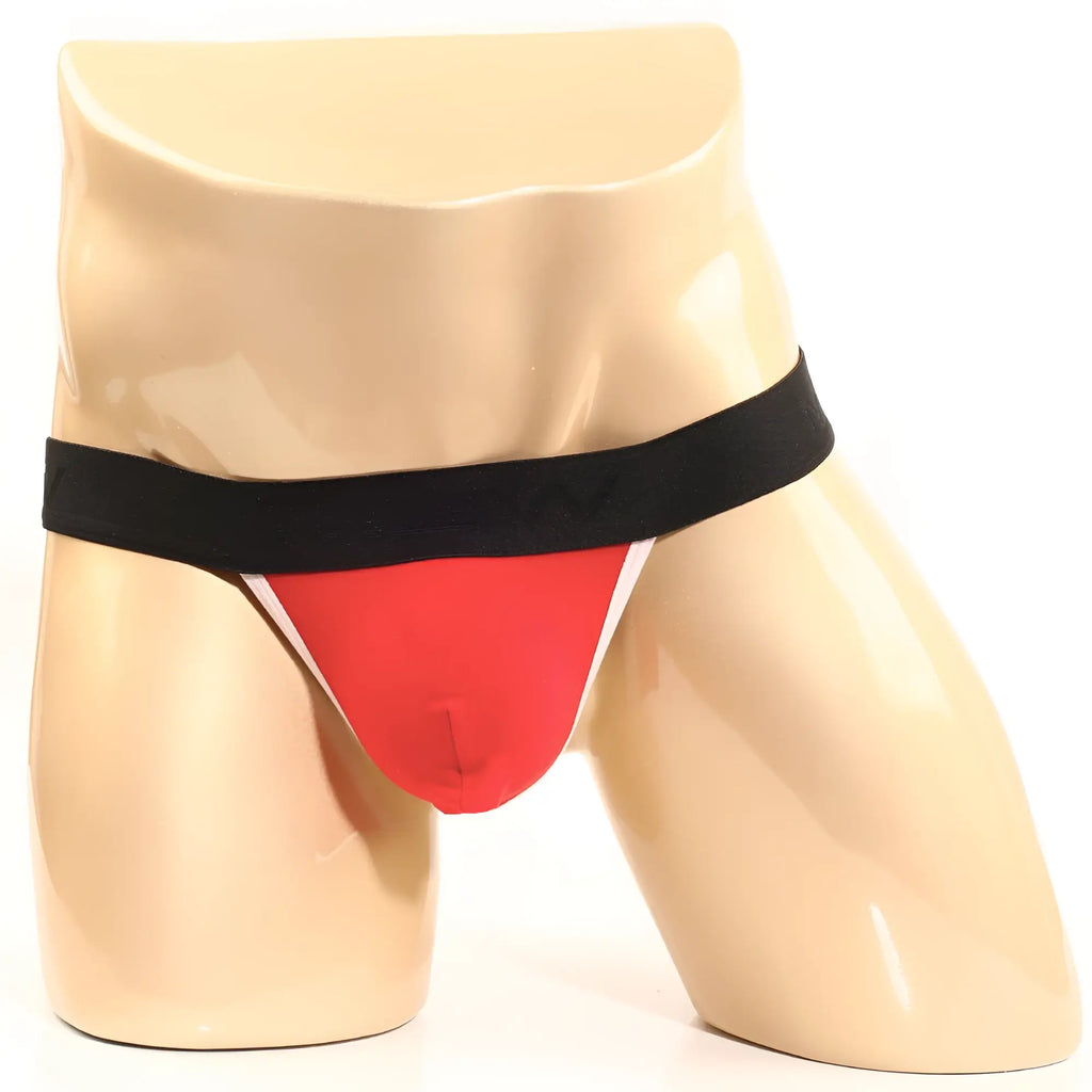 MetroMaleWear perfect scene y-back thong in red and black with white trim displayed on a mannequin front side