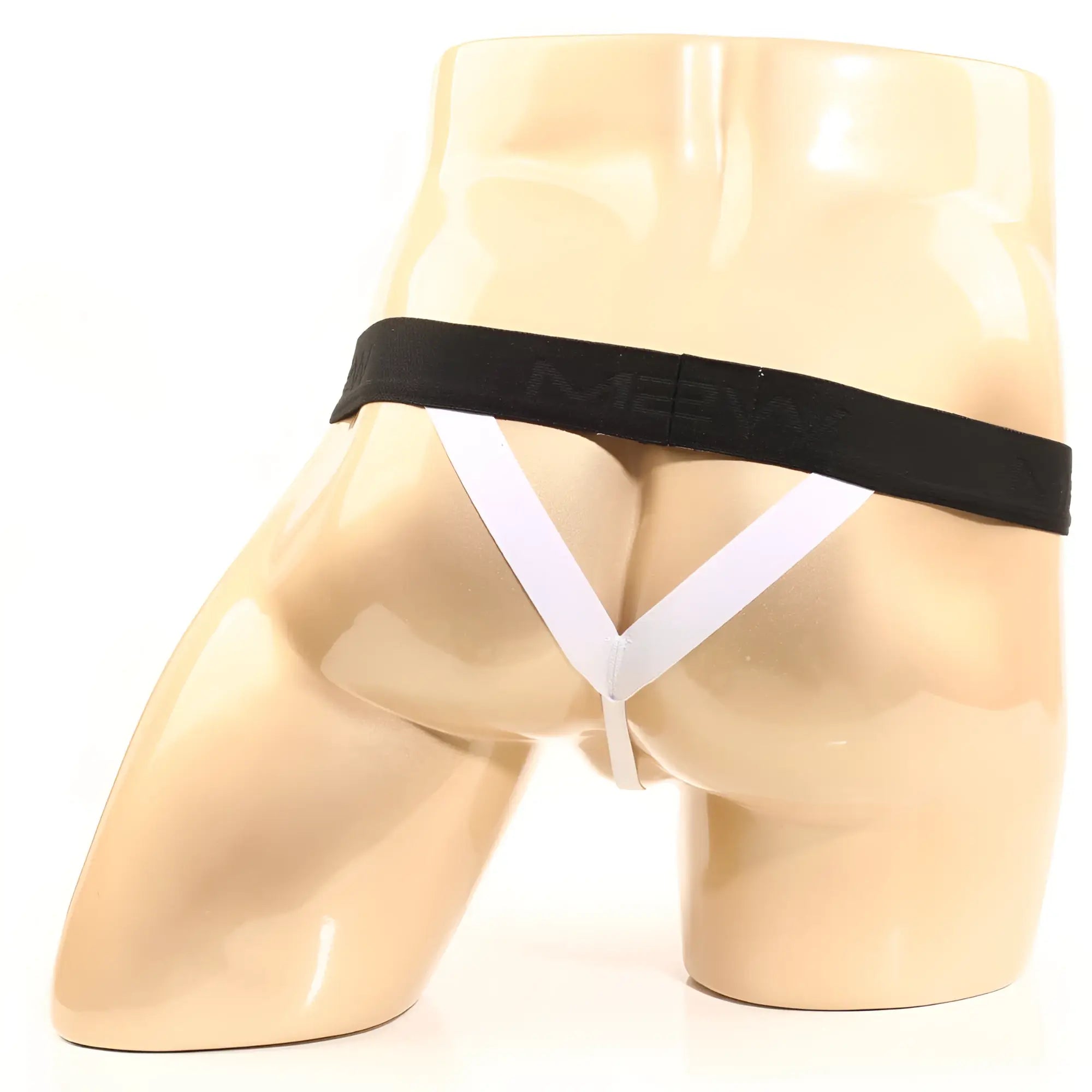 Black and white men’s briefs with black waistband and m2ny logo shown from the back in metro malewear design