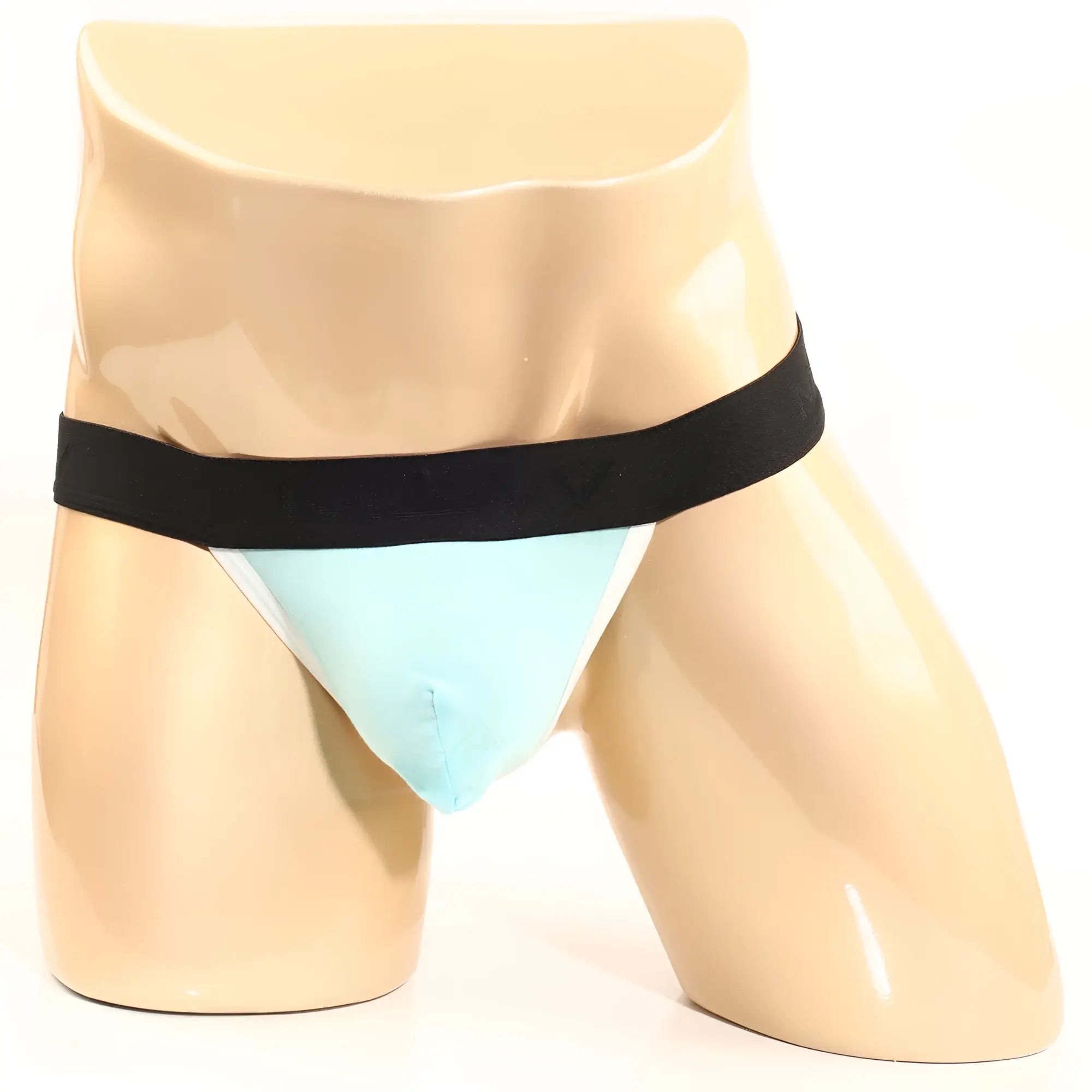 MetroMaleWear Perfect Scene y-back thong in turquoise with black waistband shown from the back in light blue fabric
