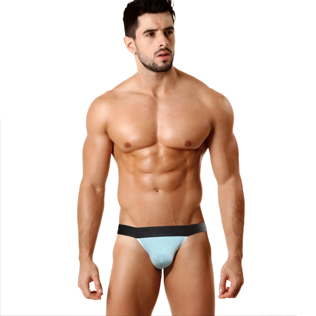 Light blue and black metro malewear perfect scene y-back thong with snug fit and athletic design shown from the back
