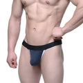Dark blue and white metro male wear perfect scene y-back thong with black elastic waistband shown from back side