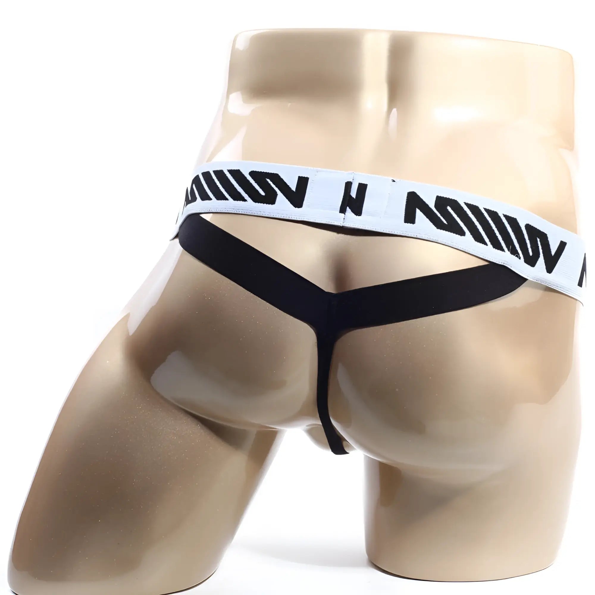Black metro malewear y-back thong with white waistband and bold black lettering shown from the back side