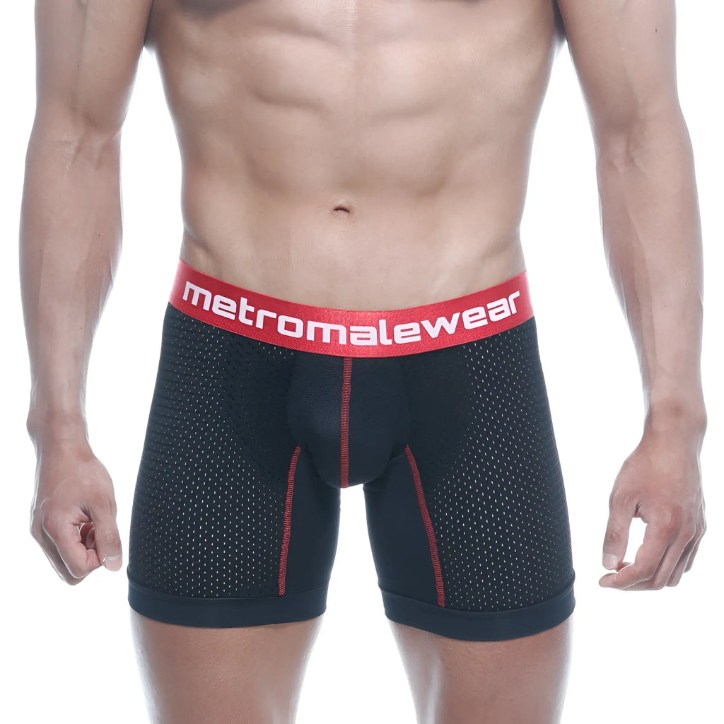 MetroMaleWear performance black mesh boxer briefs with red trim and bold red waistband featuring logo