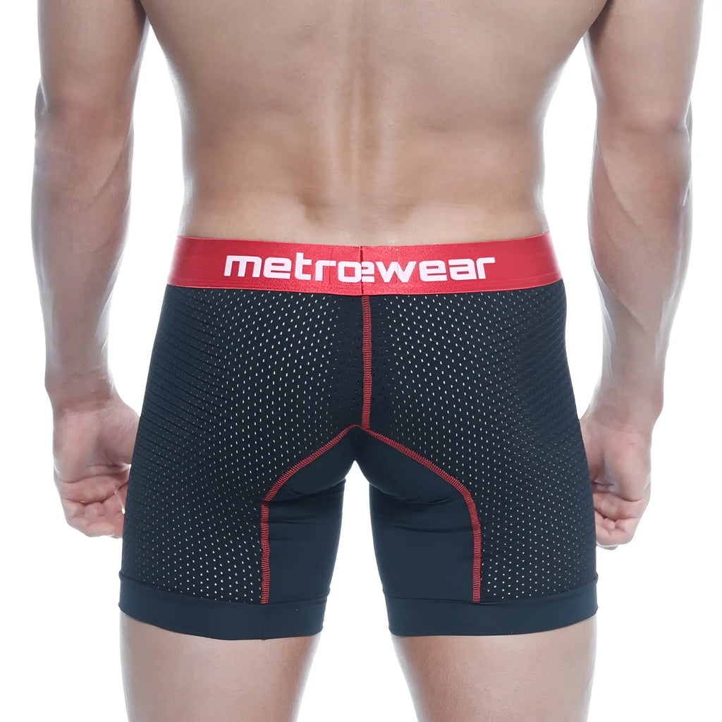 MetroMaleWear performance black mesh boxer briefs with red trim and bold metrowear logo waistband 2023-P20