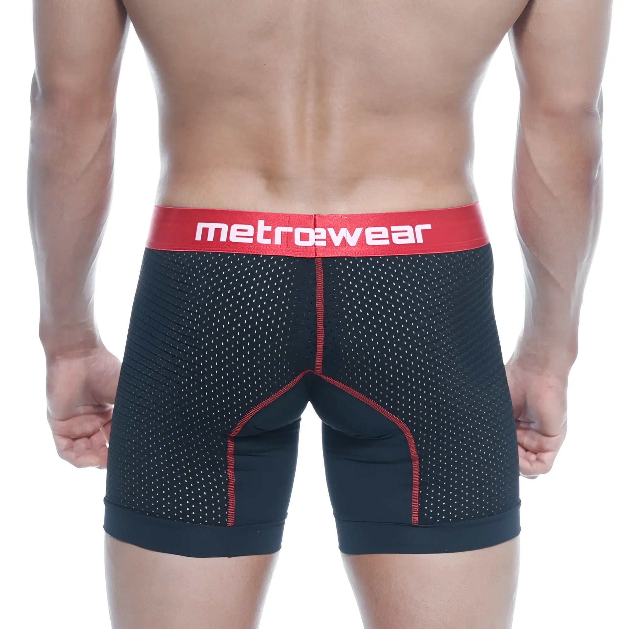 MetroMaleWear performance black mesh boxer briefs with red trim and bold metrowear logo waistband 2023-P20