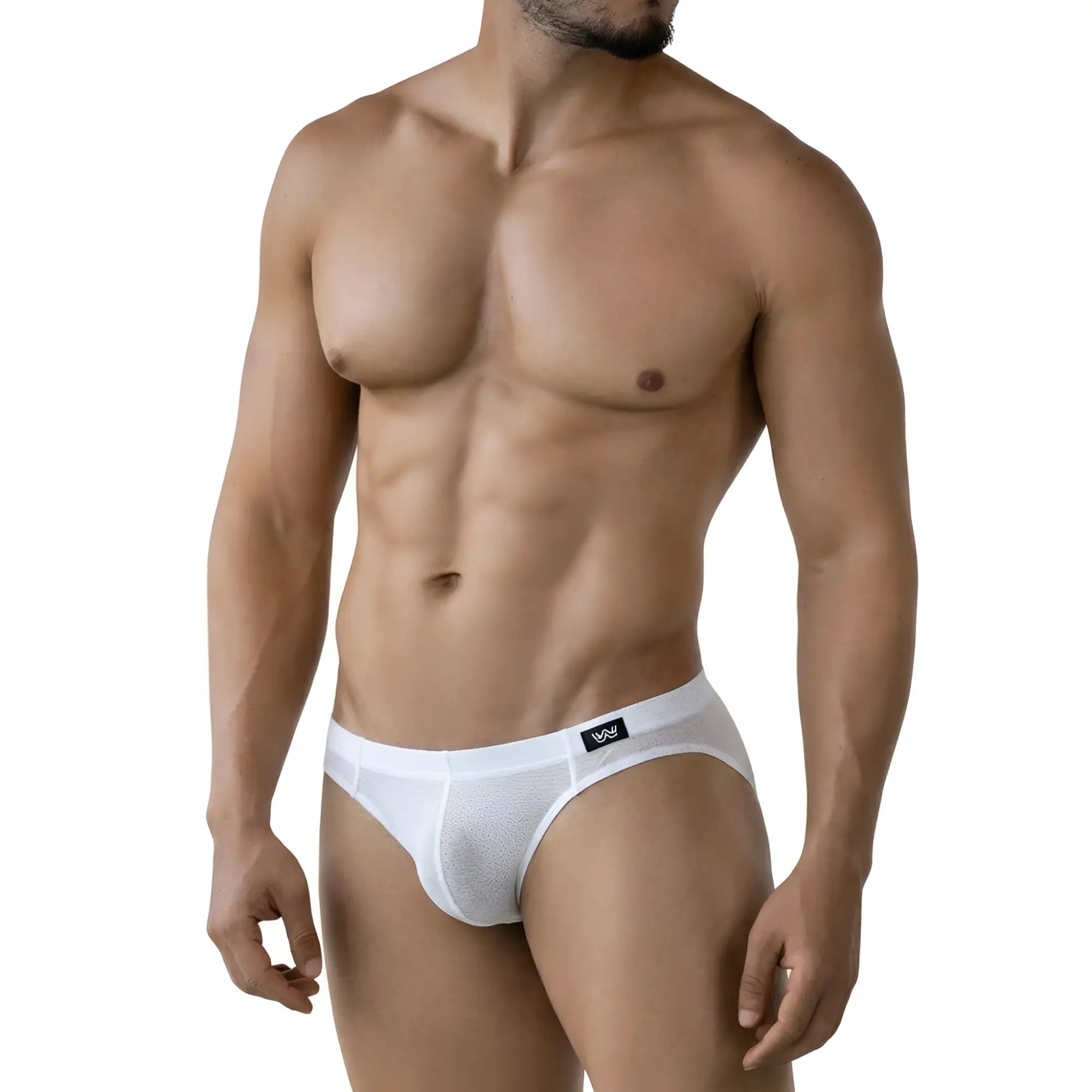 MetroMaleWear Perla Bikini 5103-18 white mesh briefs with black logo on waistband front view