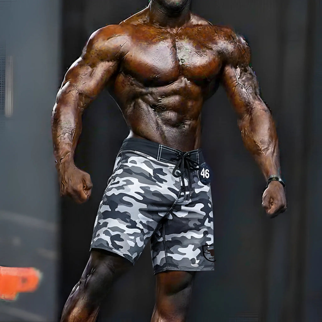Gray and black camouflage metroMalewear physique board short 4706-60 with drawstring waistband for swimwear