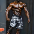 Gray and black camouflage metroMalewear physique board short 4706-60 with drawstring waistband for swimwear