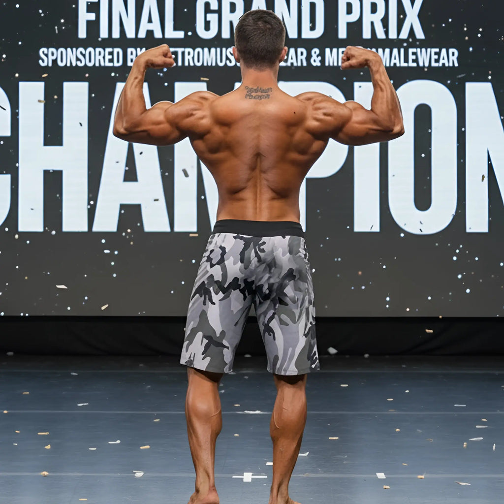 A muscular man wearing metroMalewear physique board short camo with black waistband stands on stage facing front