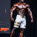 White metroMalewear physique board short corona 4706-36 with gold stripes black logo and drawstring waistband