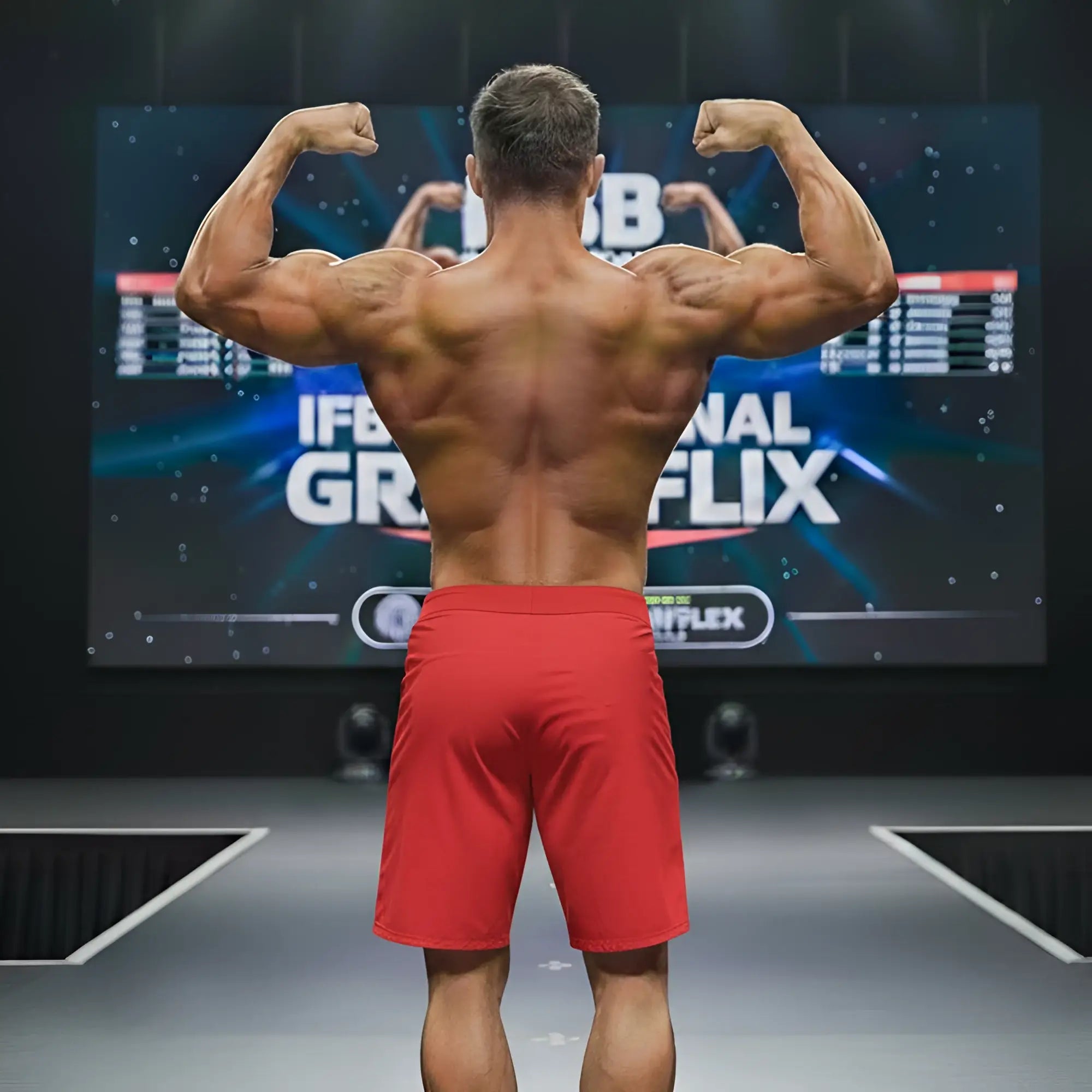 A muscular man on stage shows the back side of metro malewear physique board short crimson 4706-13 in bright red
