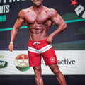 Red athletic shorts with white stripes and bull logo on the left leg by Metromalewear Physique Board Short Crimson 4706-13