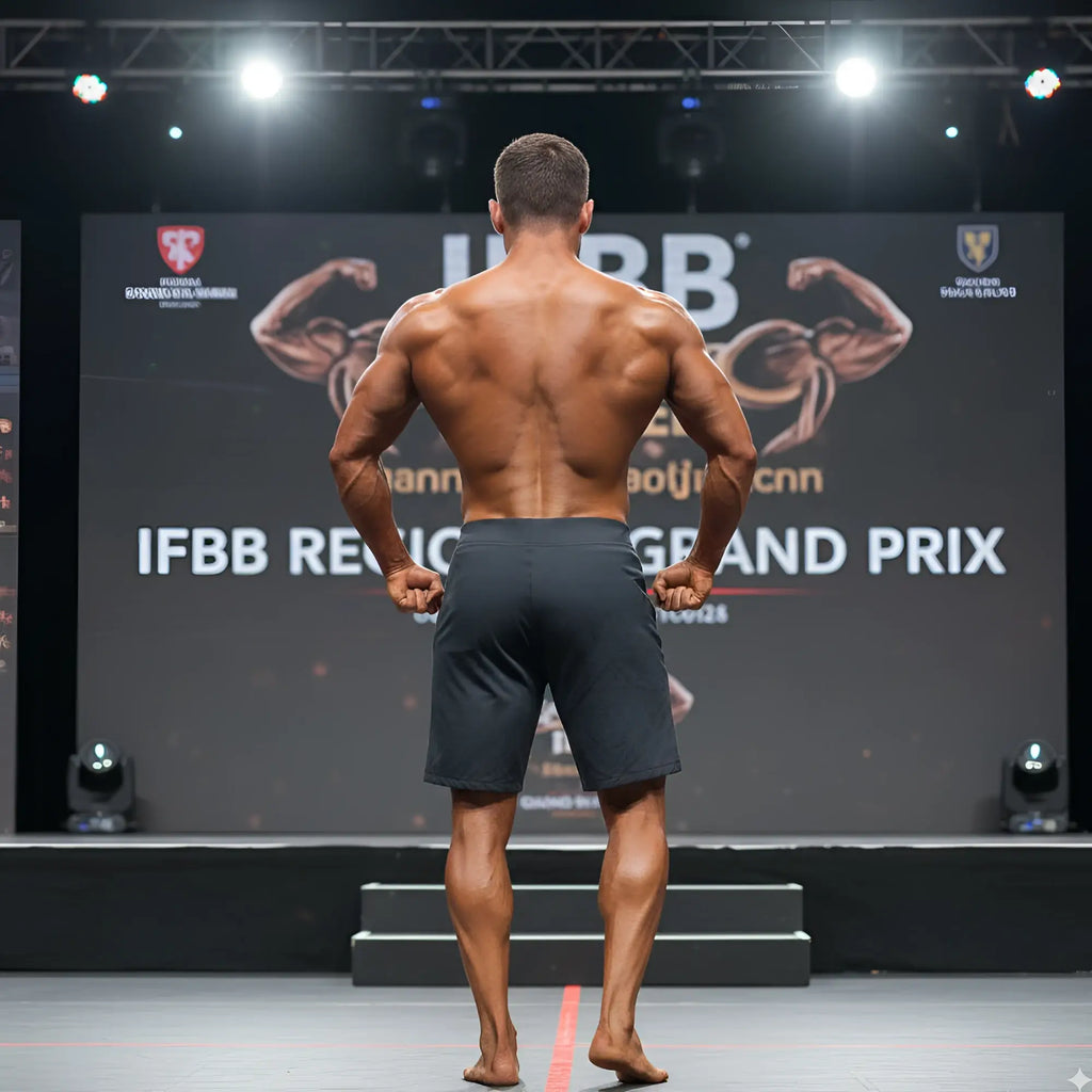 A muscular man shows the back side of metroMalewear physique board short jasper gray in dark gray athletic shorts