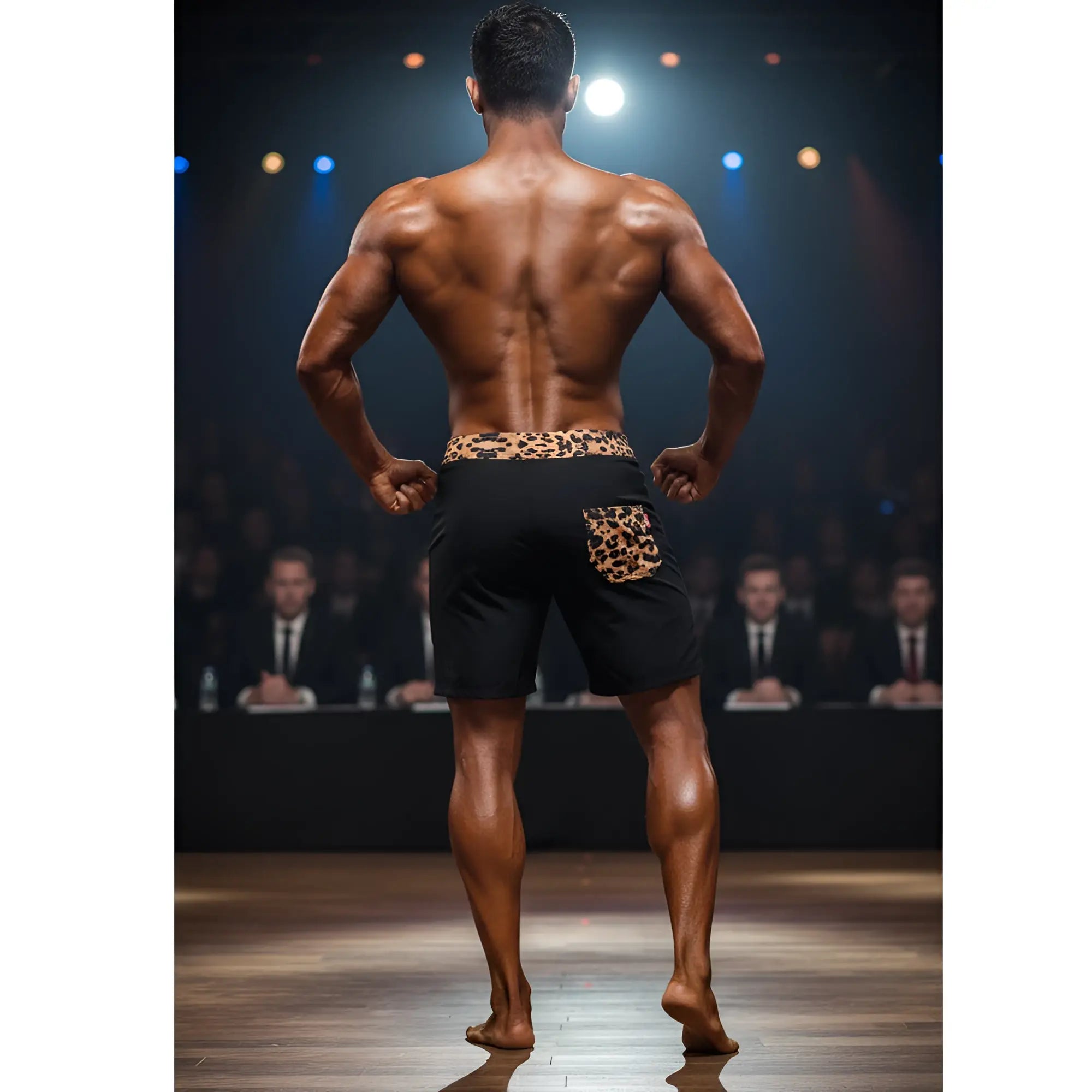 Black MetroMaleWear Physique board short with leopard print waistband and pocket for casual and athletic use