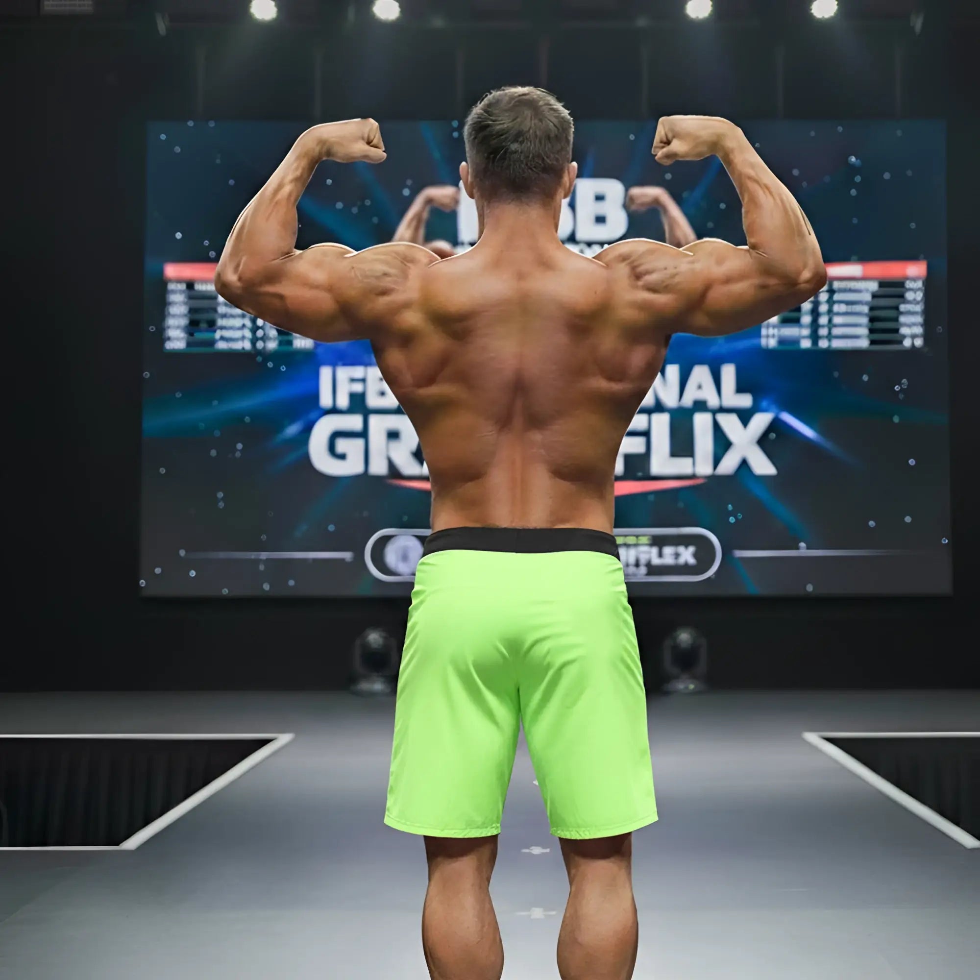 A muscular man wearing metroMalewear physique board short lime-black with black waistband on stage during bodybuilding competition