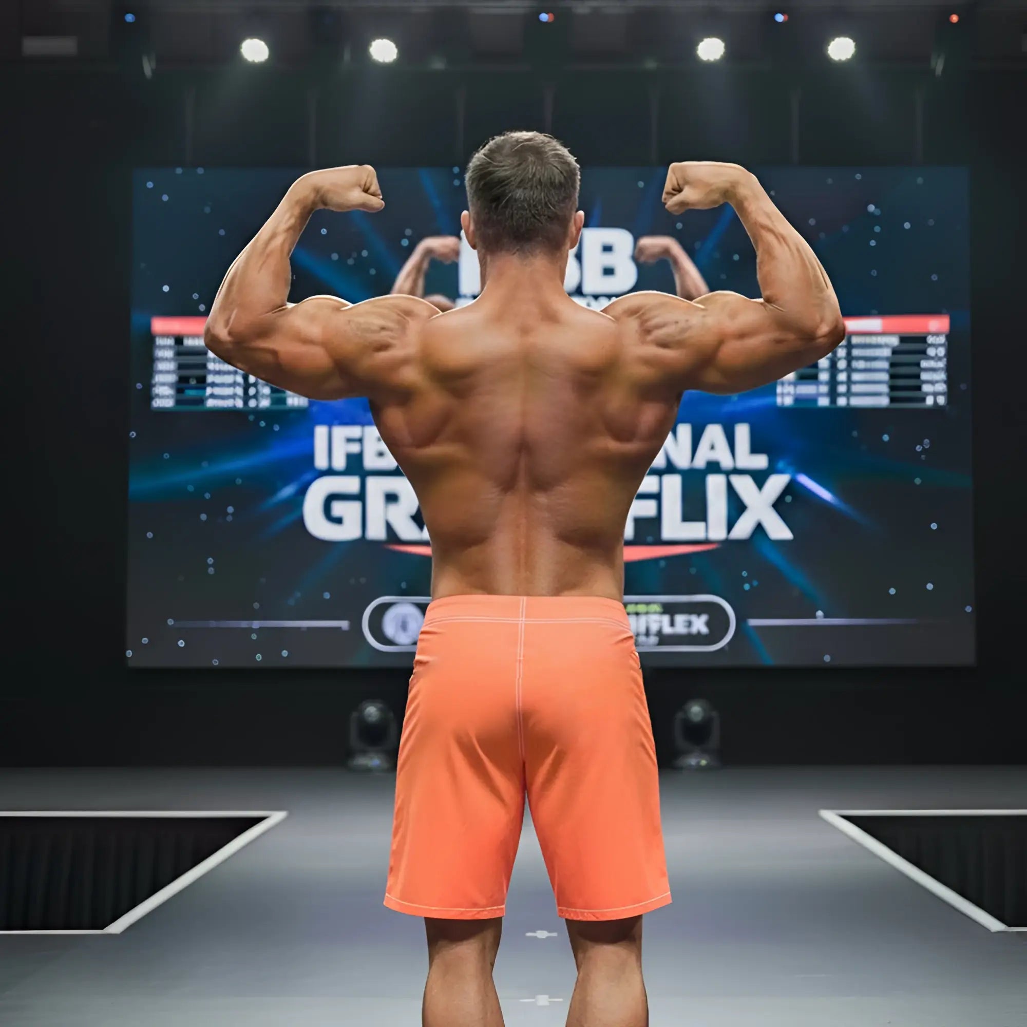 A muscular man shows defined back muscles wearing bright orange MetroMaleWear Physique board short lion 4706-30