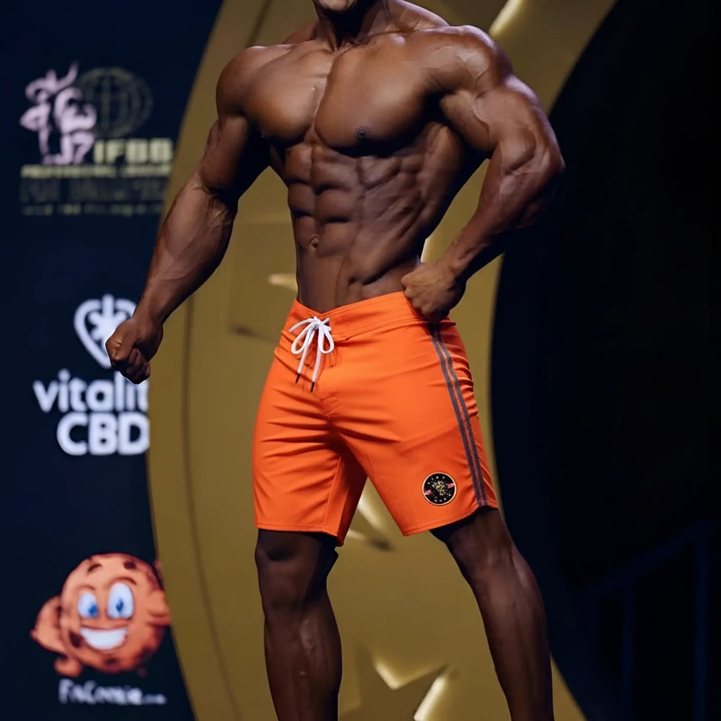 MetroMaleWear physique board short lion 4706-30 vibrant orange with white drawstring black side stripes and circular logo