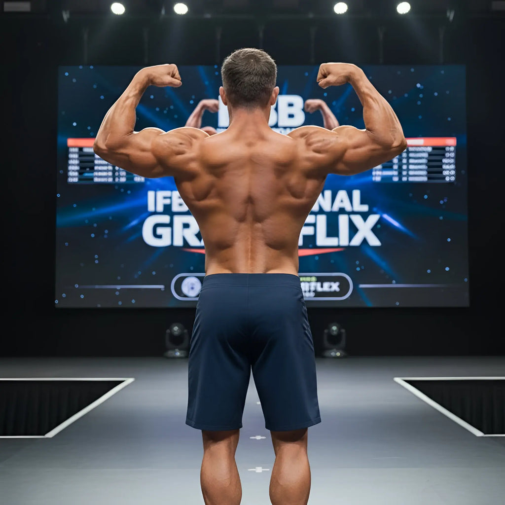 A muscular man showcasing the back side of navy MetroMaleWear physique board short 4706-28 with flexed arms