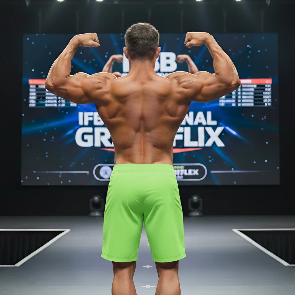 A muscular man wearing neon green MetroMaleWear physique board shorts stands on stage showing the back side of the shorts