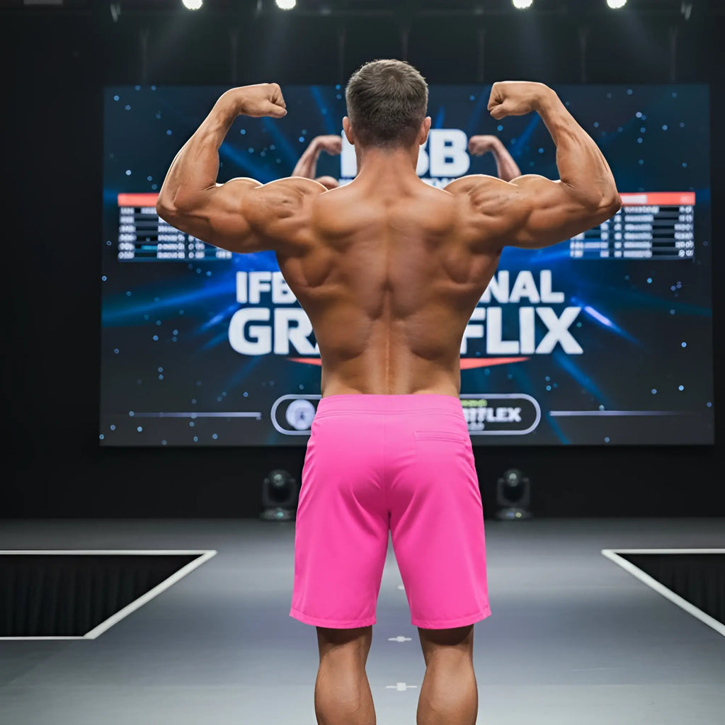 A muscular man shows the back side of metro malewear physique board short neon pink 4706-02 on stage