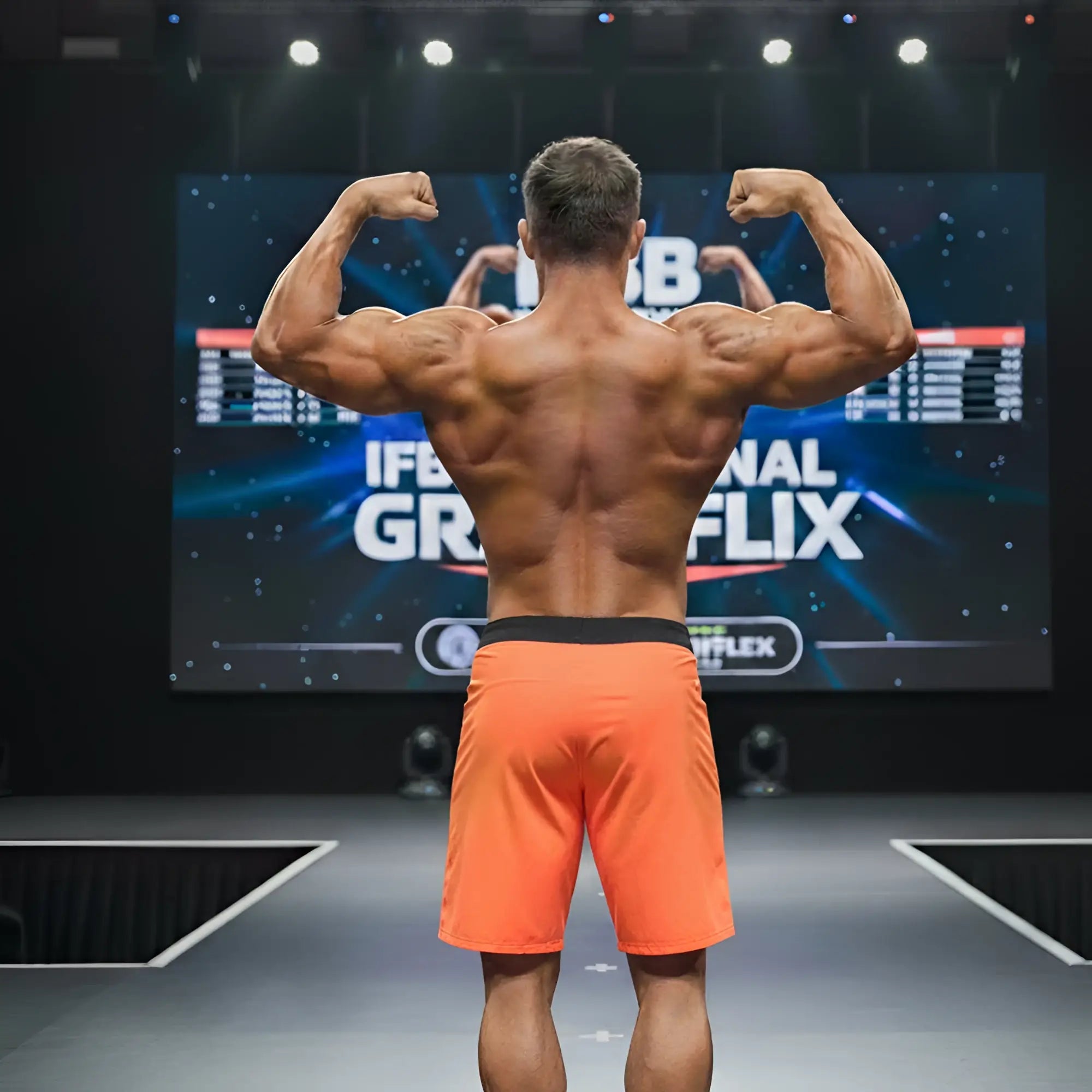 A muscular man shows the back side of metroMalewear physique board short orange-black 4706-34 on stage