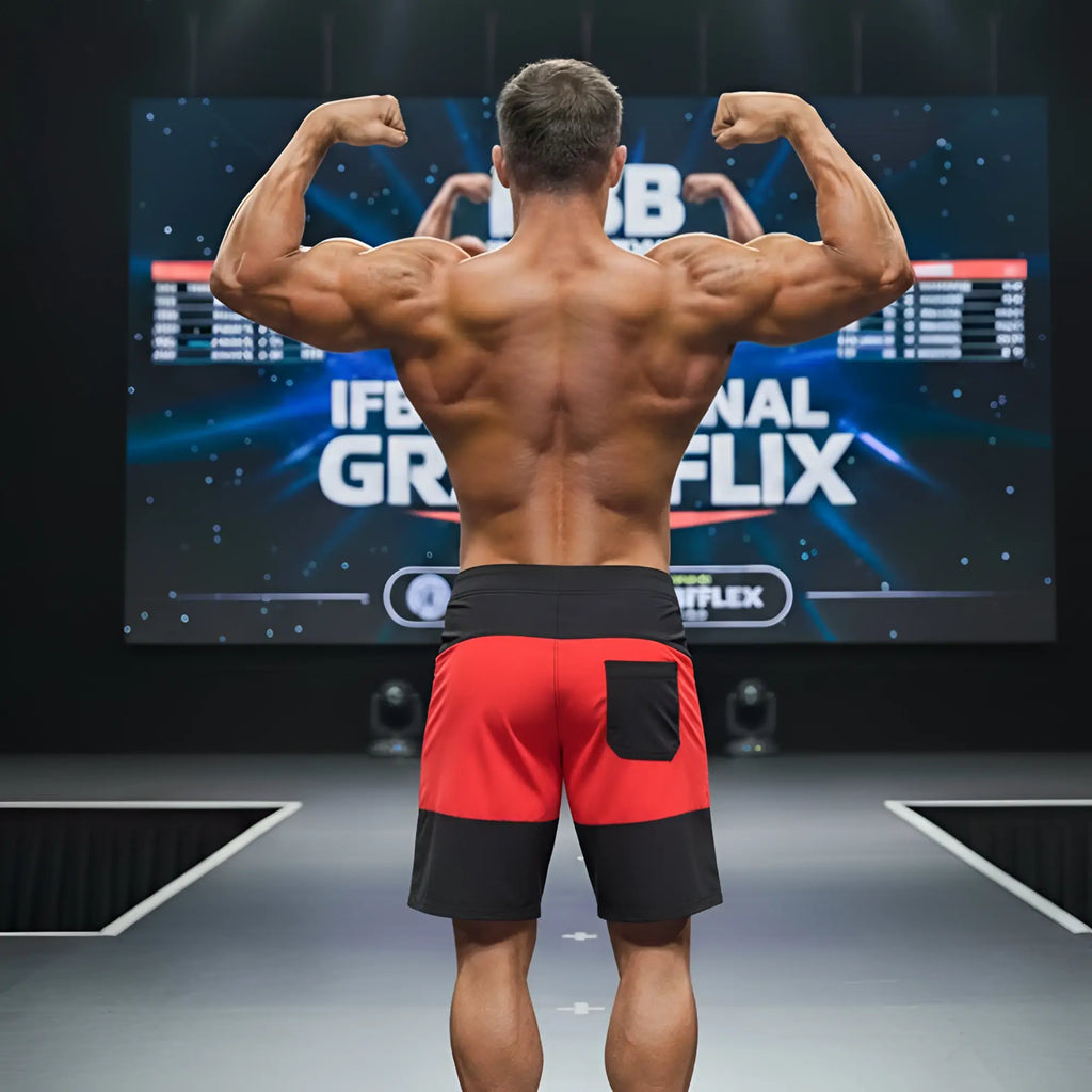 MetroMaleWear physique board short red 4706-12 in red and black with a single front pocket for athletic use