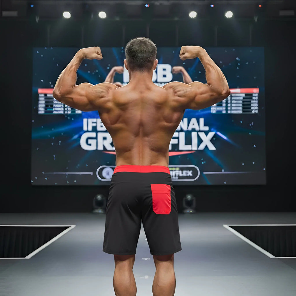 A muscular man wearing MetroMaleWear physique board short in black with red stripe waistband and matching pocket