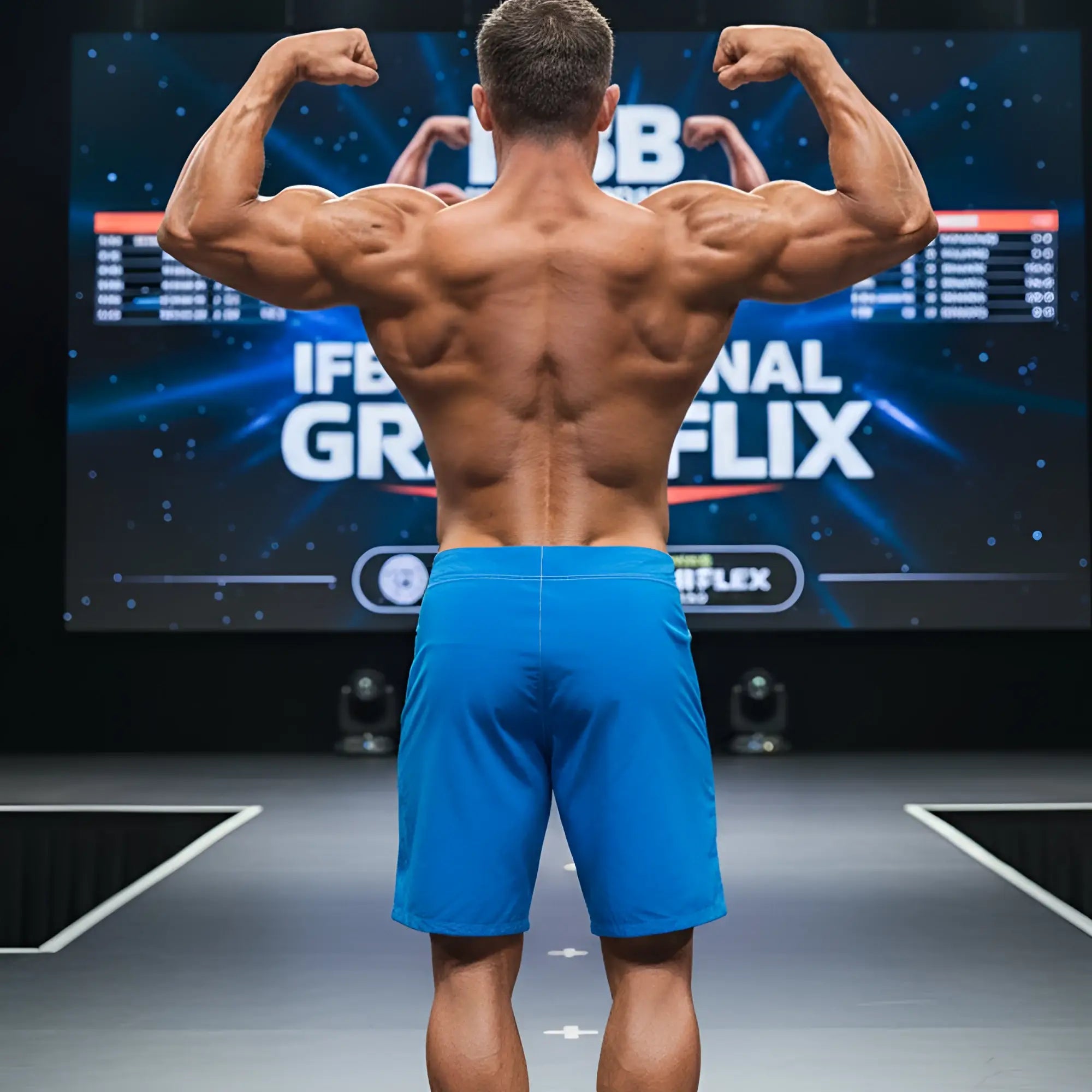 A muscular man wearing metroMalewear physique board short royal blue 4706-18 stands showing defined back muscles