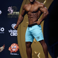 Metro malewear physique board short sky 4706-06 light blue athletic shorts with black waistband and shield logo on left leg