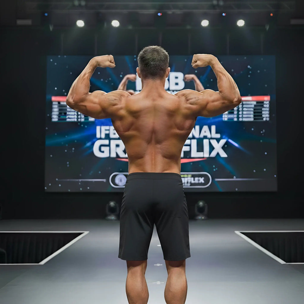 A muscular man shows the back side of metro malewear physique board short victory 4706-46 in black on stage
