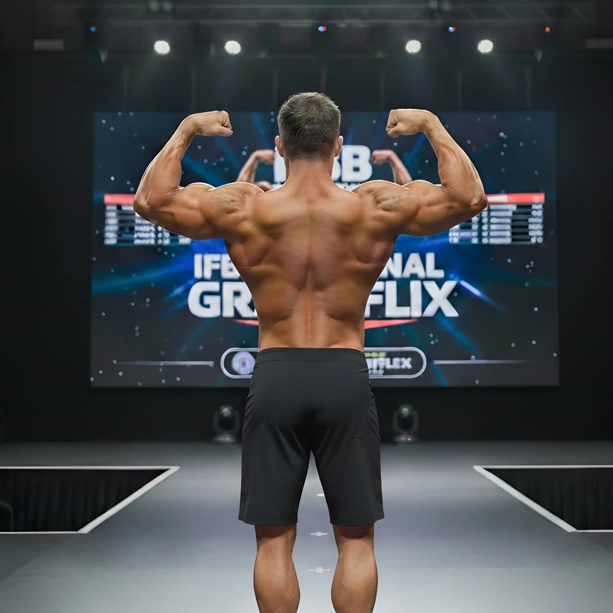 A muscular man shows the back side of metro malewear physique board short victory 4706-46 in black on stage