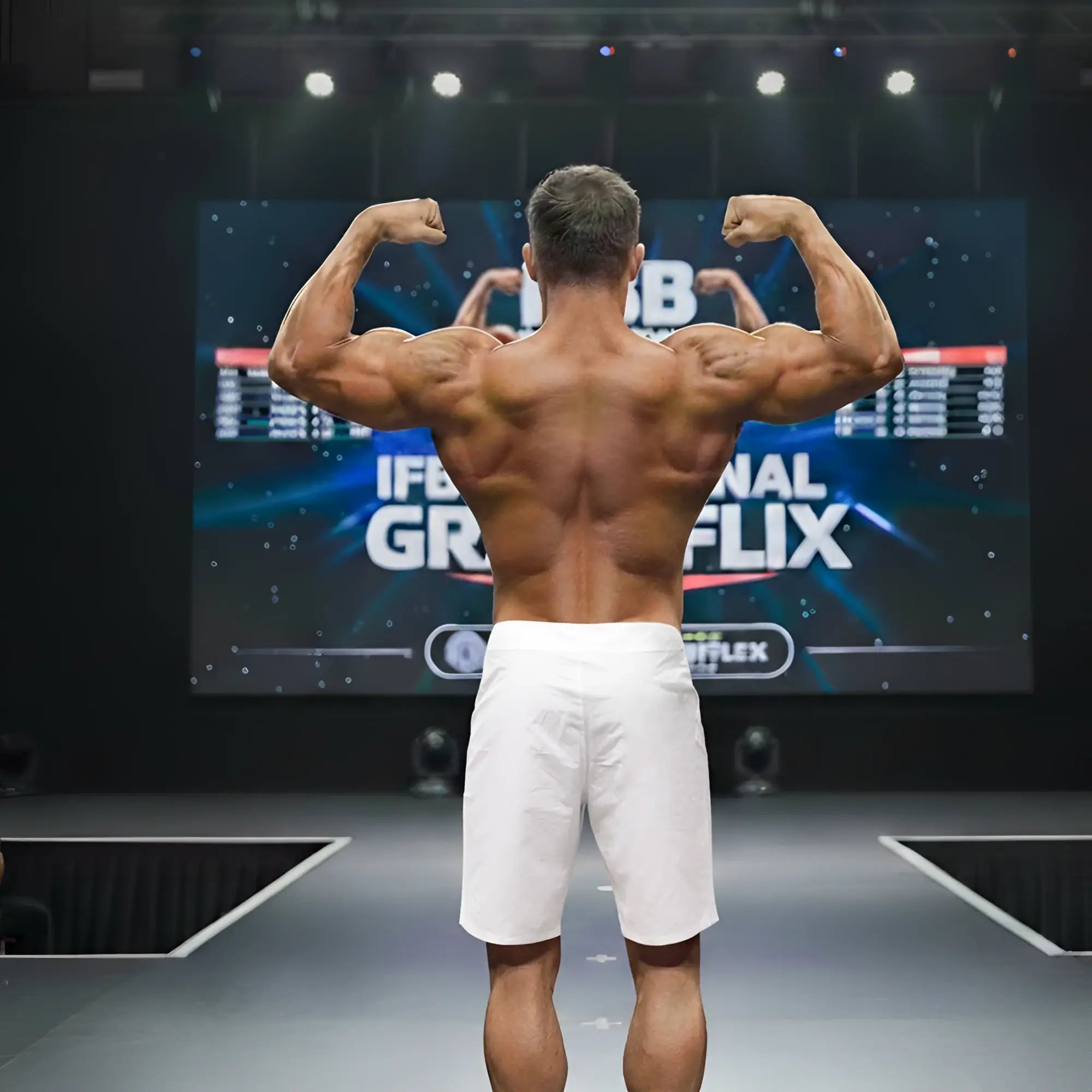 A muscular man wearing white MetroMaleWear Physique board shorts shows the defined back side on stage