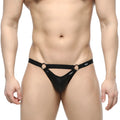 MetroMaleWear Picante Jock Strap black glossy latex thong with metal rings at the waistband showing front side